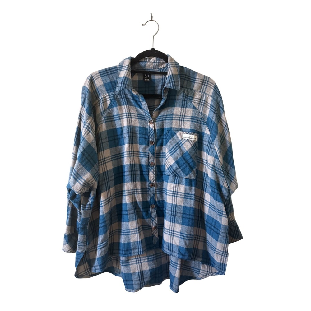 BDG Urban Outfitters Oversized Plaid Flannel Shirt Blue Cream XS High Low Hem